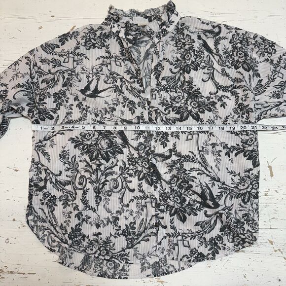 Pilcro Anthropologie Top M Stripe Floral Toile Balloon Sleeve Peasant Romantic - Picture 7 of 13